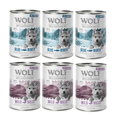 Wolf of Wilderness Junior wet food, varieties Blue River with chicken and salmon and Wild Hills with duck, each 400g can. Grain-free, 100% fresh meat.