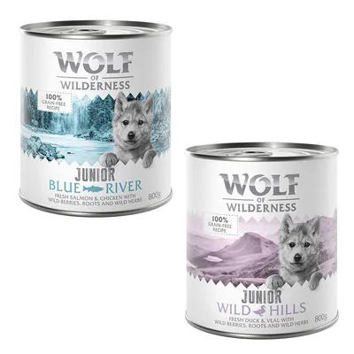 Twee blikken Wolf of Wilderness Junior natvoer, varianten Blue River (zalm & kip) en Wild Hills (eend & kalf), elk 800g. Tekst: 100% grain-free recipe, met bessen, wortels en kruiden.