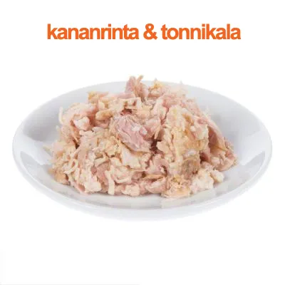 Lautasella kananrintaa ja tonnikalaa, yläpuolella oranssilla teksti: kananrinta & tonnikala