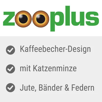 Zooplus. Kaffee-Becher-Design, mit Katzenminze, Jute, Bänder und Federn.