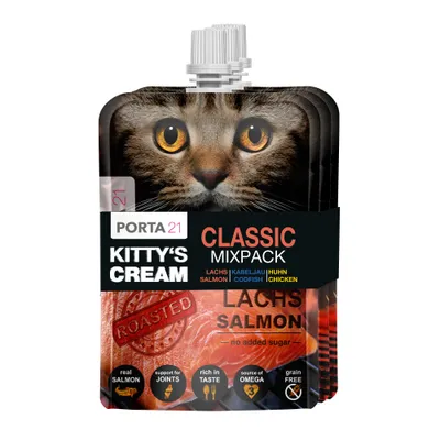 Porta 21 Kitty's Cream Classic Mixpack, salmone arrosto, senza zuccheri aggiunti, real salmon, support for joints, rich in taste, source of omega, grain free. Immagine di un gatto sulla confezione.