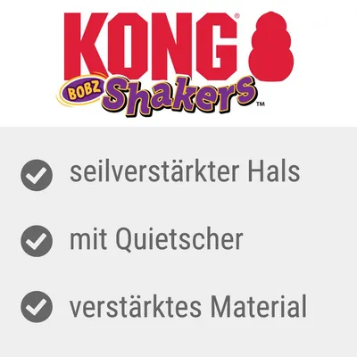 KONG Bobz Shakers. Eigenschaften: seilverstärkter Hals, mit Quietsche, verstärktes Material.