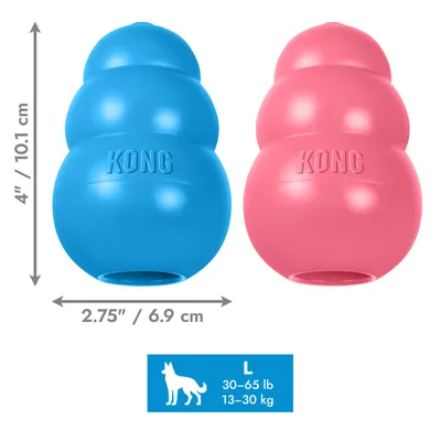 Dve KONG igrači, mere: 10,1 cm visoko, 6,9 cm široko. Velikost L za pse s telesno težo od 13 do 30 kg.
