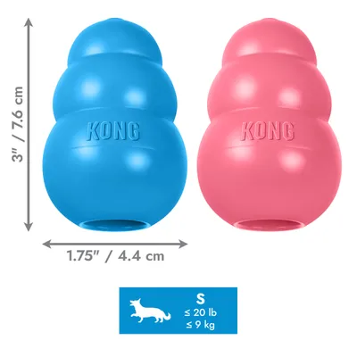Dve KONG igrači v modri in roza barvi, velikost S. Mere: 7,6 cm visoko, 4,4 cm široko. Primerno za pse do 9 kg ali 20 lb.
