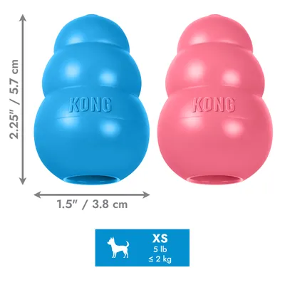 Dve KONG igrači v modri in roza barvi, velikost XS, mere: 5,7 cm visoko, 3,8 cm široko, primerno za živali do 2 kg ali 5 lb.
