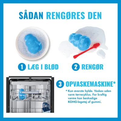 Rengøringsanvisninger for KONG-legetøj: 1. Læg i blød, 2. Rengør med børste, 3. Tåler opvaskemaskine (kun øverste hylde, uden varmetørring, kraftig varme kan beskadige gummiet). Rengøringsanvisninger for KONG-legetøj: 1. Læg i blød, 2. Rengør med børste, 3. Tåler opvaskemaskine (kun øverste hylde, uden varmetørring, kraftig varme kan beskadige gummiet).