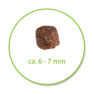Granulka karmy o średnicy ok. 6–7 mm, widoczny pojedynczy kawałek na białym tle z podpisem „ca. 6–7 mm”.