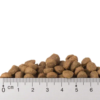 Granulki karmy dla zwierząt na tle linijki z podziałką centymetrową od 0 do 6 cm, widoczny rozmiar pojedynczych granulek.