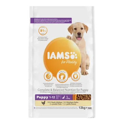 IAMS for Vitality complete and balanced nutrition for puppy, 1-12 months, with fresh chicken, 12kg bag. Highlights: healthy growth, brain development, strong immune system.