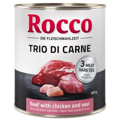 Rocco Trio di Carne, 3 meat varieties, Beef with chicken and veal, blik van 800 g. Tekst deels in het Engels en Duits zichtbaar op verpakking.