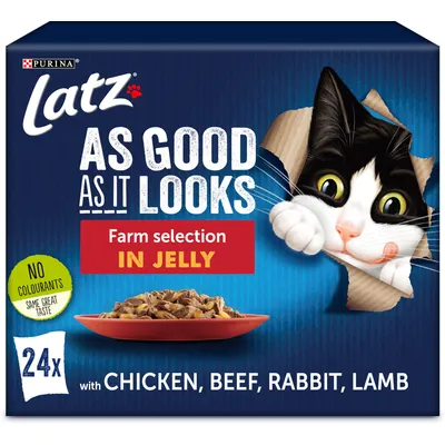 Purina Latz As Good As It Looks Farm selection in jelly, 24x med chicken, beef, rabbit, lamb. No colourants. Same great taste.