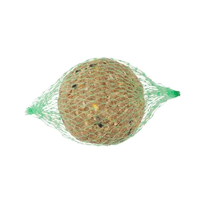 Bola de alimento para aves silvestres en red de plástico verde, visible mezcla de semillas y granos compactados.