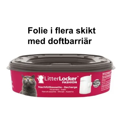 Text: Folie i flera skikt med doftbarriär. LitterLocker FASHION Nachfüllkassette Recharge, bild på katt och vit behållare synliga på förpackningen.