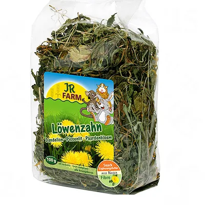 Confezione JR Farm Löwenzahn 100 g, snack per roditori a base di tarassaco essiccato. Etichetta con testo: Dandelion, Snack Ergänzungsfutter, Fibre, tutte le lingue visibili.