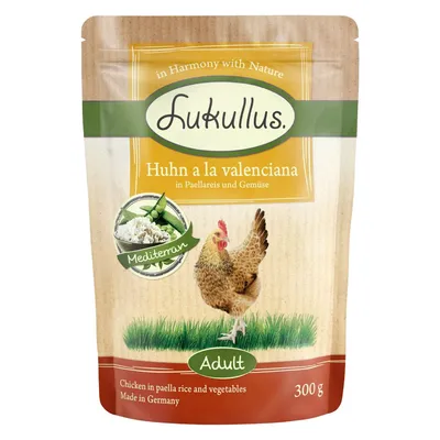 Lukullus Huhn a la valenciana, chicken in paella rice and vegetables, adult, 300g. Made in Germany. Mediterran variety.