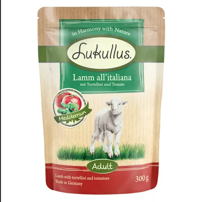 Opakowanie Lukullus Lamm all’italiana mit Tortellini und Tomate, Mediterran, Adult, 300 g. Lamb with tortellini and tomatoes. Made in Germany.
