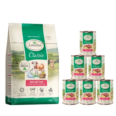 Pack alimentación mixta: pienso 10 kg + 6 x 400 g comida húmeda Lukullus