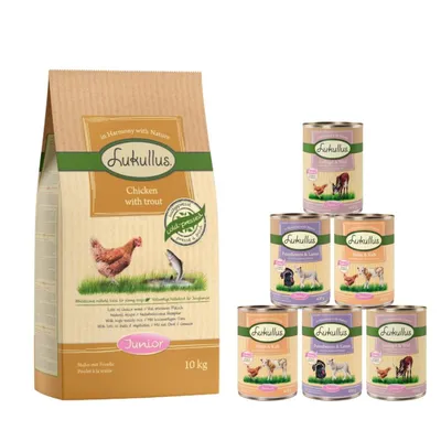 Pack alimentación mixta: pienso 10 kg + 6 x 400 g comida húmeda Lukullus