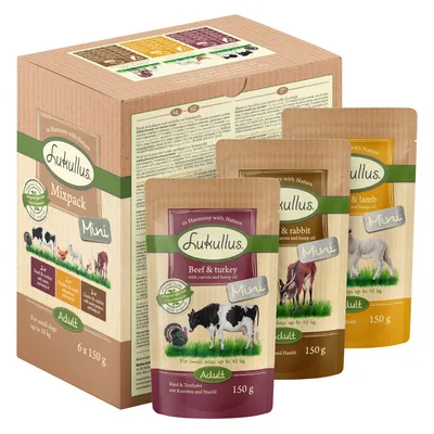 Lukullus Mixpack Mini Adult per cani di piccola taglia, 6 buste da 150 g: Beef & turkey, Duck & rabbit, Lamb. Testo visibile in inglese sulle confezioni.