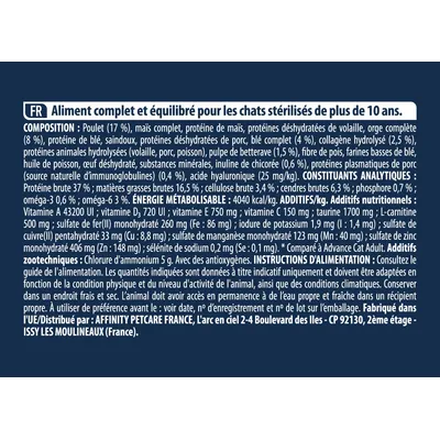 Aliment complet et équilibré pour chats stérilisés de plus de 10 ans. Composition, constituants analytiques, énergie métabolisable, additifs nutritionnels, instructions d’alimentation visibles.