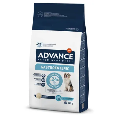 Sacchetto Advance Veterinary Diets Gastroenteric per cani, 12 kg, con pollo e riso. Testo visibile: 'improves in 24h soft feces', '+25 years veterinarian developed', 'ActiveDefense'.