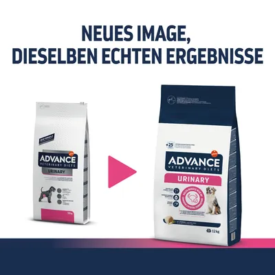 ADVANCE Veterinary Diets URINARY dog food packaging, old and new design side by side, both 12kg. German text: NEUES IMAGE, DIESELBEN ECHTEN ERGEBNISSE.