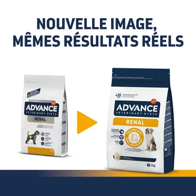 Nouvelle image, mêmes résultats réels. Deux sacs Advance Veterinary Diets Renal 3 kg pour chien, ancien et nouveau design d’emballage visibles.