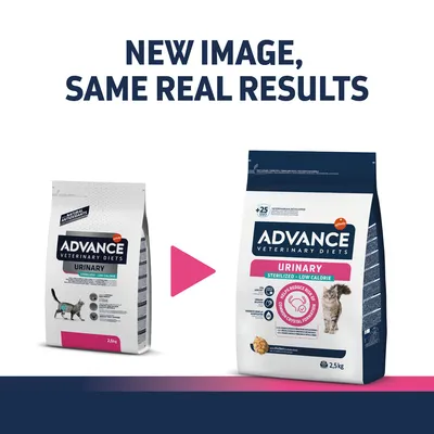 Δύο συσκευασίες Advance Veterinary Diets Urinary Sterilized Low Calorie 2,5 kg για γάτες, παλιά και νέα εμφάνιση. Αγγλικό κείμενο: NEW IMAGE, SAME REAL RESULTS.