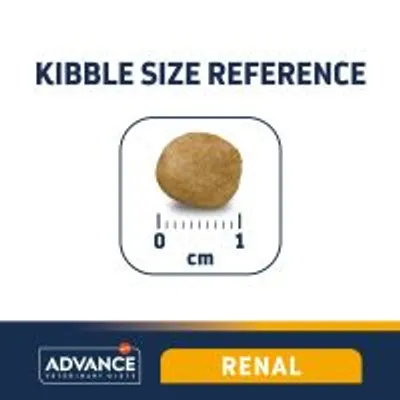 Kibble size reference showing one piece, approx. 1 cm diameter. Text: ADVANCE Veterinary Diets RENAL.