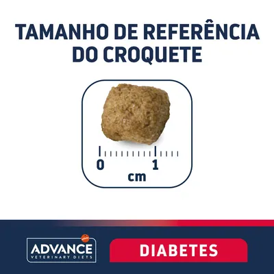 Tamanho de referência do croquete Advance Veterinary Diets Diabetes: imagem de um croquete com régua mostrando cerca de 1 cm.
