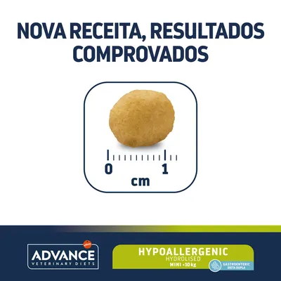 Texto: NOVA RECEITA, RESULTADOS COMPROVADOS. Ração Advance Veterinary Diets Hypoallergenic Hydrolised Mini <10 kg. Croquete com cerca de 1 cm de diâmetro.
