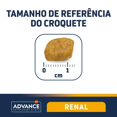 Tamanho de referência do croquete Advance Veterinary Diets Renal, com régua mostrando cerca de 1 cm.