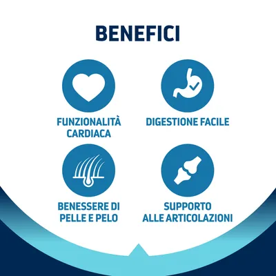 BENEFICI: funzionalità cardiaca, digestione facile, benessere di pelle e pelo, supporto alle articolazioni.