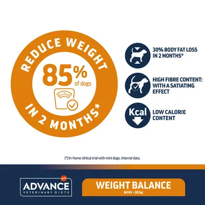 Angol nyelvű szöveg: Reduce weight in 2 months, 85% of dogs, 30% body fat loss in 2 months, high fibre content with a satiating effect, low calorie content, Advance Weight Balance Mini <10 kg.