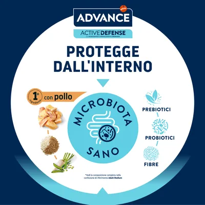 Advance Active Defense protegge dall'interno, 1° ingrediente con pollo, microbiota sano, prebiotici, probiotici, fibre. Testo in italiano.