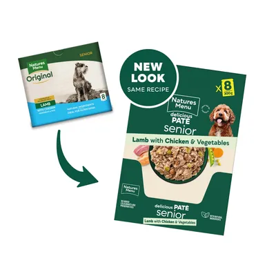 Packaging change from old to new for Natures Menu senior lamb with chicken and vegetables, highlighting 'new look, same recipe' and 8 x 300g packs.
