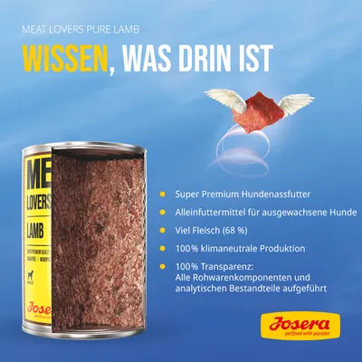 Josera Meat Lovers Pure Lamb. Super Premium Hundenassfutter, Alleinfuttermittel für ausgewachsene Hunde, viel Fleisch (68%), 100% klimaneutrale Produktion, 100% Transparenz bei Zutaten.