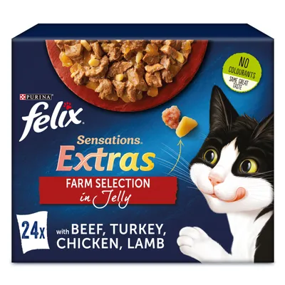Felix Sensations Extras Farm Selection in Jelly, 24x avec bœuf, dinde, poulet, agneau. Texte visible : No colourants same great taste. Image de nourriture et chat illustré. Felix Sensations Extras Farm Selection in Jelly, 24x avec bœuf, dinde, poulet, agneau. Texte visible : No colourants same great taste. Image de nourriture et chat illustré.