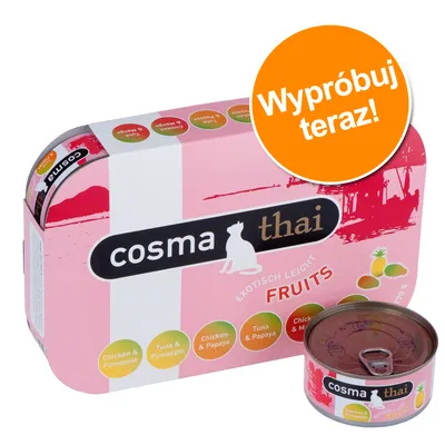 cosma thai FRUITS, zestaw 6 puszek: Chicken & Pineapple, Tuna & Pineapple, Chicken & Papaya, Tuna & Papaya, Chicken & Mango. Pomarańczowe kółko z napisem: Wypróbuj teraz!