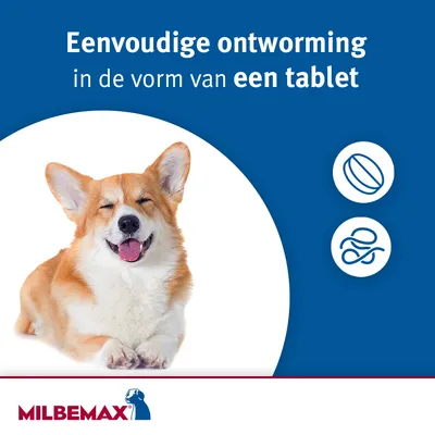 Eenvoudige ontworming in de vorm van een tablet. MILBEMAX merknaam zichtbaar, afbeelding van een hond en twee pictogrammen.