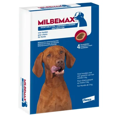 Milbemax kauwtabletten voor honden vanaf 5 kg, 4 tabletten. Bevat milbemycine oxime/praziquantel. Voor honden met een gewicht van ten minste 5 kg. Merk: Elanco.