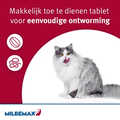 Makkelijk toe te dienen tablet voor eenvoudige ontworming. MILBEMAX merknaam zichtbaar, afbeelding van een kat en twee pictogrammen op rode achtergrond.
