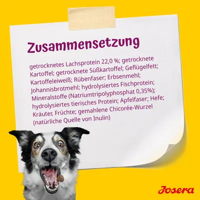 Zusammensetzung: getrocknetes Lachsprotein 22%, Süsskartoffel, Geflügelfett, Erbsenmehl, Johannisbrotmehl, Mineralstoffe, Kräuter, Früchte, Chicorée-Wurzel. Marke: Josera.