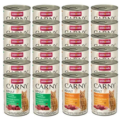 Animonda Carny Adult Katzenfutter, Sorten Rind, Pute & Kaninchen sowie Rind & Huhn, 100% frische Zutaten, ohne Getreide, Made in Germany. Dosenansicht.