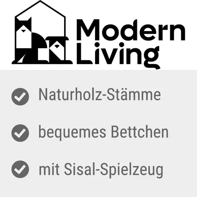Modern Living. Naturholz-Stämme, bequemes Bettchen, mit Sisal-Spielzeug.