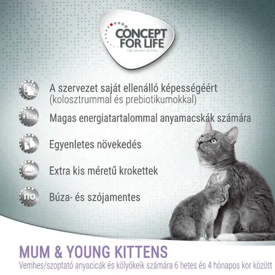CONCEPT FOR LIFE. A szervezet saját ellenálló képességéért, magas energiatartalom anyamacskáknak, egyenletes növekedés, extra kis krokettek, búza- és szójamentes.