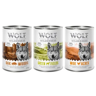 Wolf of Wilderness wet food cans: Oak Woods with wild boar, Green Fields with lamb, Wide Acres with chicken. 100% grain-free recipe, 400g.