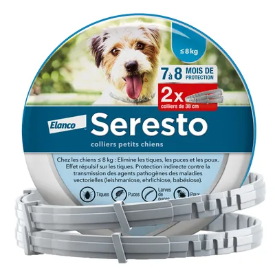 Seresto colliers petits chiens Elanco, 2x colliers de 38 cm, ≤8 kg, 7 à 8 mois de protection contre tiques, puces, poux. Texte : élimine tiques, puces, poux, effet répulsif sur tiques.
