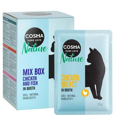 Cosma Nature Mix Box mit Huhn und Fisch in Brühe, 100% natürliche Zutaten. Einzelpackung: Hühnerbrust in Brühe, 50g.