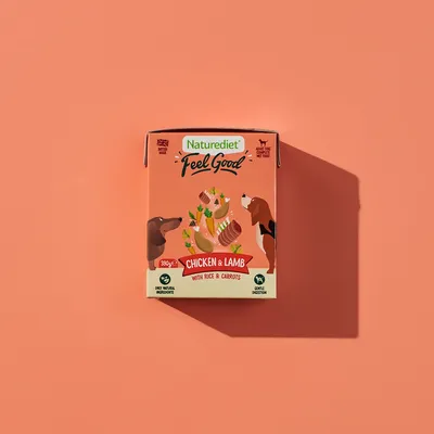 Naturediet Feel Good Chicken & Lamb with rice and carrots, 390g. Only natural ingredients. Gentle digestion. Adult dog wet food.